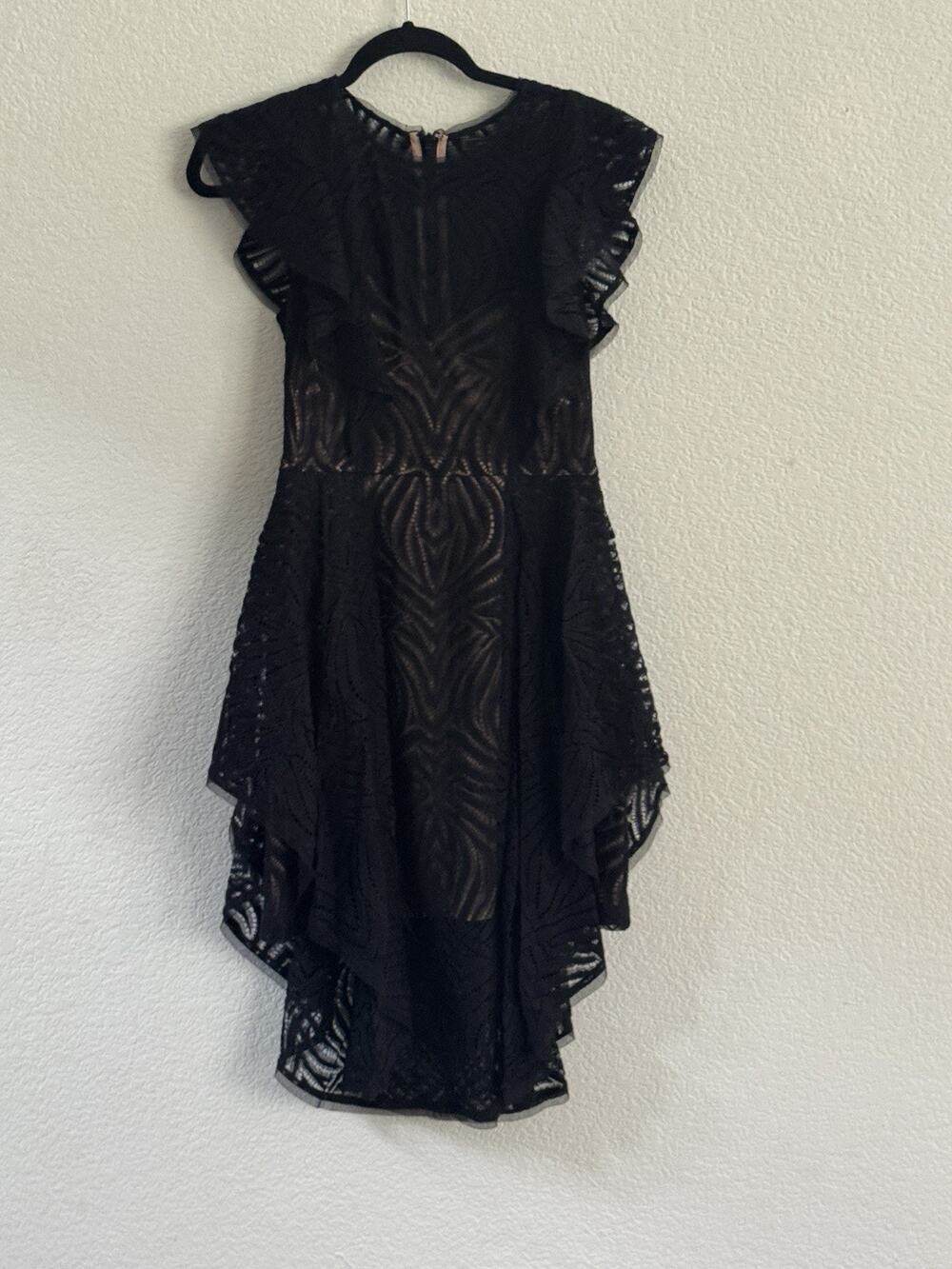BCBGMAXAZRIA Lace Sheath Dress Black Mesh Asymmetrical Hem Size 4